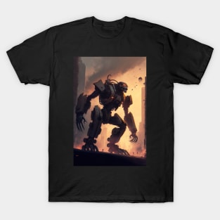 Giant futuristic robot cyborg monster attacking the city T-Shirt